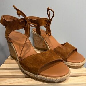 Paul Green Conti Wedge Sandals Size 39 US 8.5 9 Cognac Suede Espadrille NEW